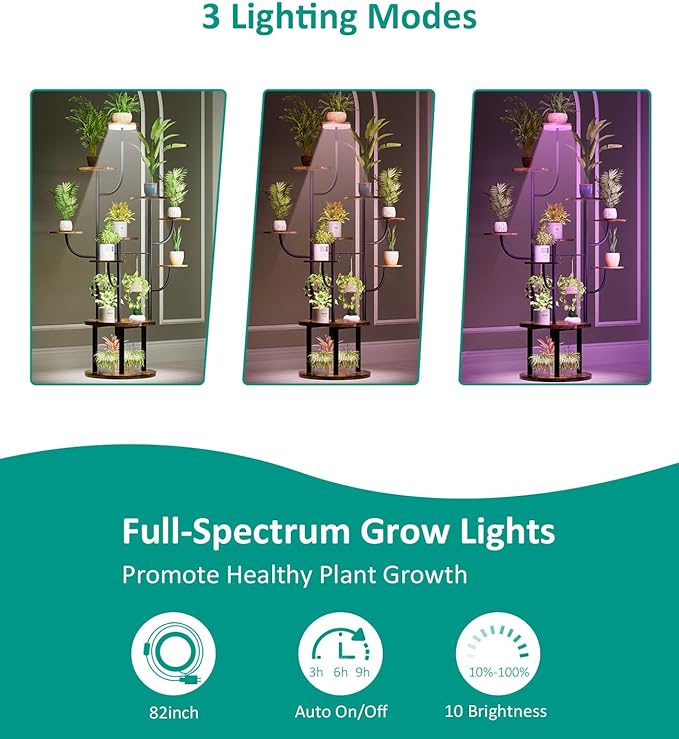 60" Tall Indoor Plant Stand 10 Tiered Adjustable with Grow Light,Metal Rotating Plant Shelf for Multiple Plant Display Indoor, Flower Holder Stand for Living Room,Bedroom,Office,Balcony