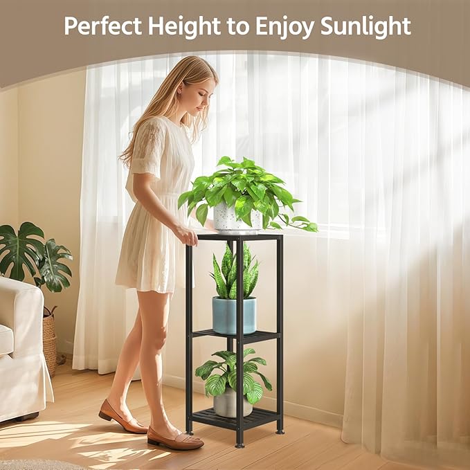 LASZOLA 3 Tier Black Metal Plant Stand Indoor Outdoor for Large Planter, Modern Heavy Duty Tall Rack for Corner House Bathroom Patio Floor, Iron Flower Shelf Holder for Orchid Fern