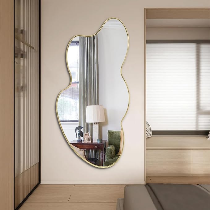 Gold Irregular Mirror, Asymmetrical Wall Mirror, 49.6"x26" Cloud Shaped Mirrors, Large Metal Frame Mirrors for Living Room Bathroom Bedroom Hallway Entryway Fireplace