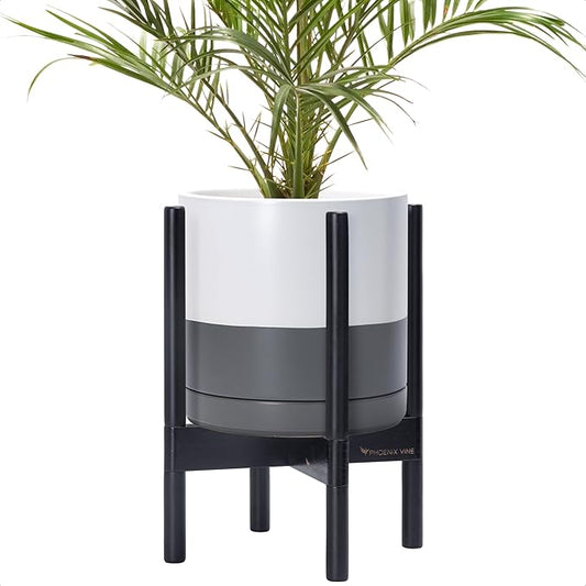 D'vine Dev Ceramic Planter with Ebony Stand - 10 Inch Modern Round Flower Pot with Wood Planter Holder, White/Grey, 55-B-L-6
