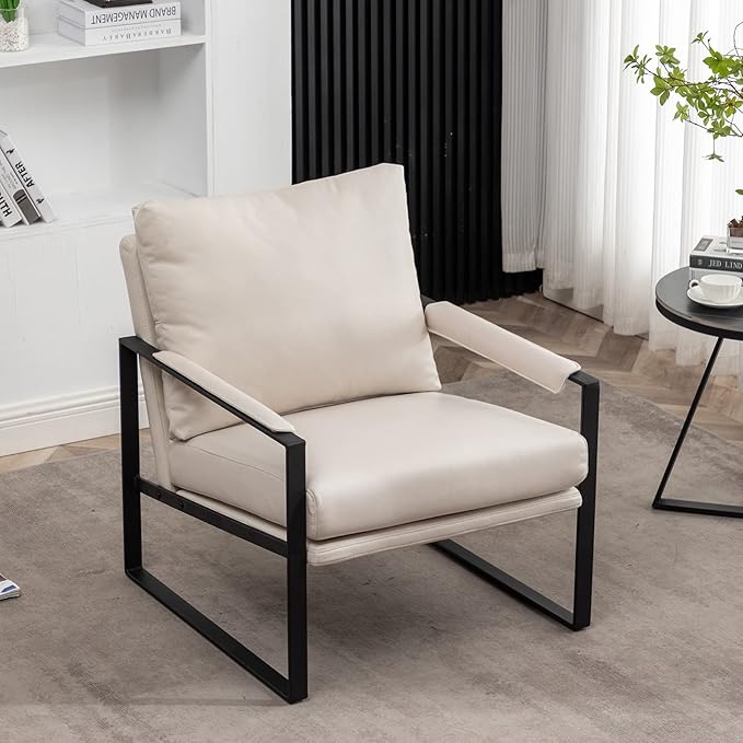 UNICOO Faux Leather Metal Frame Accent Chair - Modern Accent Chairs for Living Room, Bedroom, or Office - Armchairs Living Room Chairs Leisure Chair Reception Chair(ZKL-239K-BE Beige)