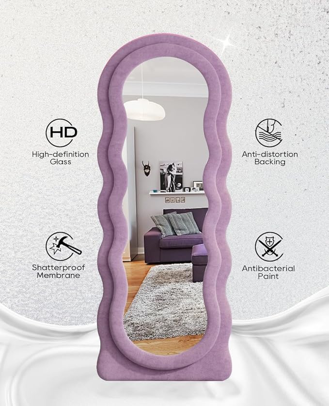 Full Length Mirror, 63"x24" Wavy Floor Mirror, Arched Standing Mirrors Full Length, Cloud Shaped Flannel Wall Mirrors, Dressing Body Mirror Hanging or Leaning Against Wall for Bedroom (Purple)
