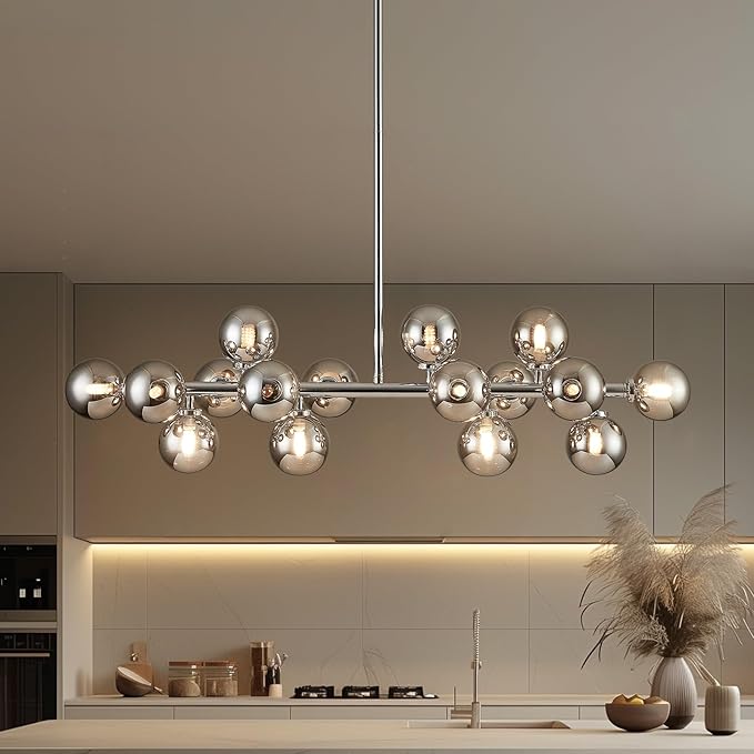 Glass Globe Sputnik Chandelier, 16-Light Mid Century Modern Light Fixture Over Table, Linear Chandeliers for Dining Room, Kitchen Island, Chrome and Smoke Grey Bubble, 40 Inch, GC-02