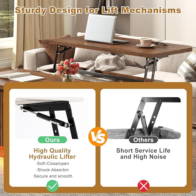 Lift Top Coffee Table with Storage,Wood Square Coffee Tables W/6000-Colors Lighting,Multi-Function Groove Texture Center Table W/Large Hidden Space for Living Room,Bedroom,Home,Office(Walnut)