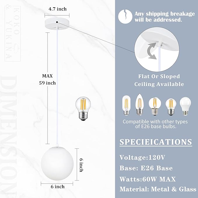 KoKo&Yukina 6 Inch Globe Pendant Light White Globe Pendant Lights Kitchen Island Mid Century Light Fixture with Milky White Glass Shade for Dining Room (2 Pack)
