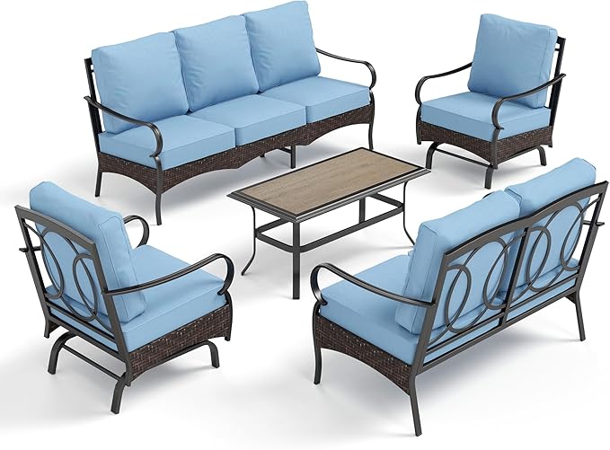PHI VILLA Outdoor Modern Patio Furniture Set, Upgraded Wicker&Metal Patio Furniture Conversation Set with Waterproof Thick Cushions for Porch, Poolside, Deck, and Yard (5 Pieces,Blue)