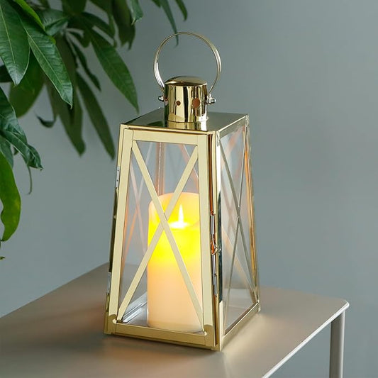 TRIROCKS Stainless Steel Decorative Lantern 12''H Metal Outdoor Candle Holder Hanging Candle Lantern with Tempered Glass for Christmas Home Wedding Living Room Parties Indoor Outdoor(Gold Trapezoid)