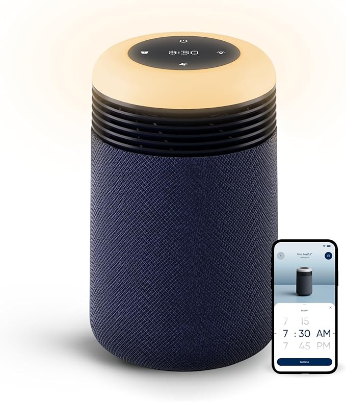 BLUEAIR Purifier for Bedroom - Mini Restful - Sunrise Clock with HEPASilent Filtration and Wake Up Light - Cleans Air and Supports Circadian Rhythm - USB-C and App Connectivity, Blue