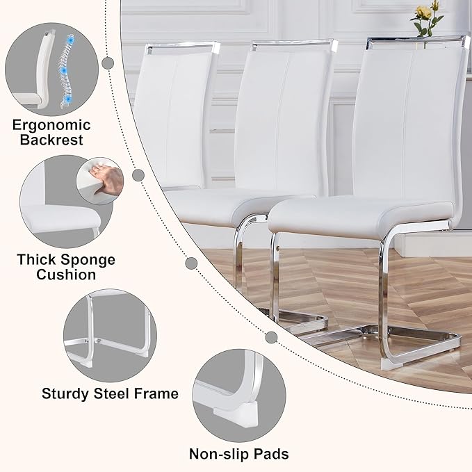 Glass Dining Table Set for 6, 63" White Dinner Room Table Set for 6, Modern Kitchen Table with 6 Upholstered PU Leather Dining Chairs for Dining Room