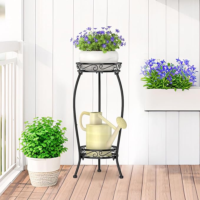 LASZOLA 2 Tier Black Plant Stand Indoor Outdoor for Large Tall Flower Planters on Patio, Heavy Duty Metal Multi Vertical Rack for Narrow Floor Corner, Sturdy Round Holder Organizer Modern Mid Century
