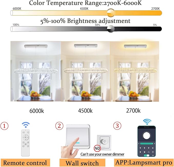 Oval Crystal Ring Chandelier for Living Room, 47.2'' Chrome Ring Pendant Light for Kitchen Island Modern Linear Oval Chandeliers for Dining Room Dimmable 3000K-6000K