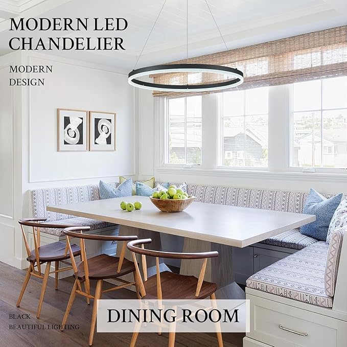 Modern LED Pendant Lighting 24'' Ring Chandelier Black Dimmable LED Chandelier for Dining Room 36W Adjustable Pendant Light Fixture for Living Room Bedroom Home Office Foyer, 3000-6500K