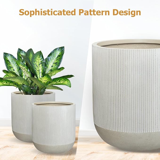 18.7" H x 16.9" D Ribbed Radius Fiberstone Round Planter with Drainage Hole, Weather Resistant for Indoor and Outdoor Use, Included 2 Extra Coco Mats (Frost Grey, 15" Pot Opening)