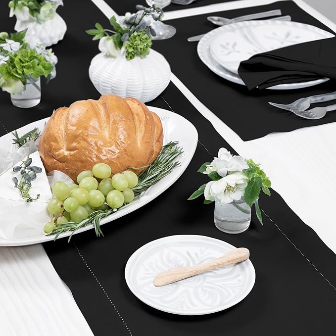 Solino Home Linen Black Table Runner 36 Inches - Classic Hemstitch, 100% Pure Linen Coffee Table Runner 14 x 36 Inch Ideal for Dresser Tables - Fall, Autumn, Halloween, Thanksgiving, Holiday