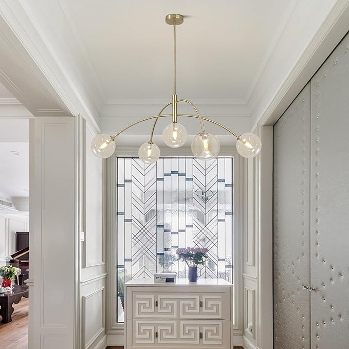 Mid Century Modern Sputnik Chandelier 5-Light Gold Glass Ceiling Light Large Brass Chandelier for Dining Room Kitchen Bedroom