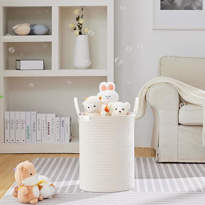 VIPOSCO Tall Laundry Basket, Large Dirty Clothes Hamper with Leather Handle, Woven Rope Storage Basket for Blanket, Toy In Living Room, Bathroom, Bedroom - 58L White