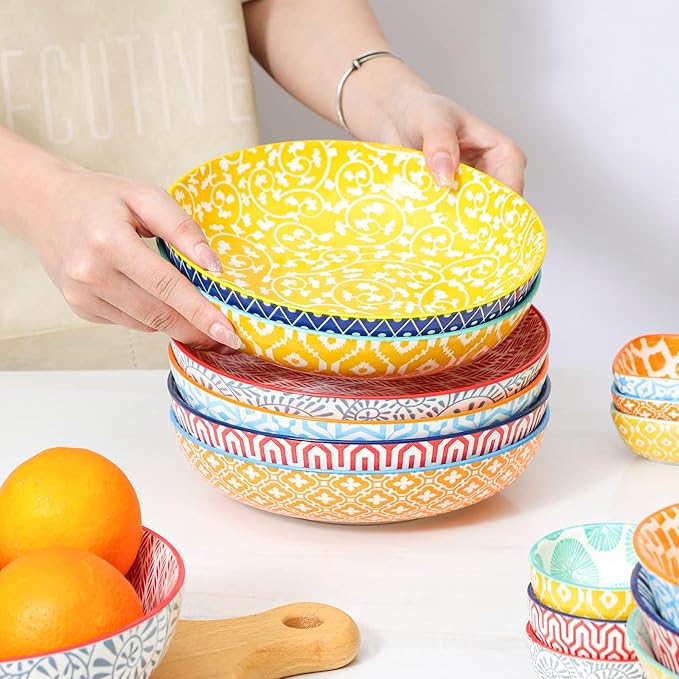 KitchenTour Large Pasta Bowls 34 oz, Ceramic Salad Serving Bowls Set of 6, 8.6 Inch Wide and Shallow Bowl Soup Bowl- Dishwasher and Microwave Safe, Assorted Colors