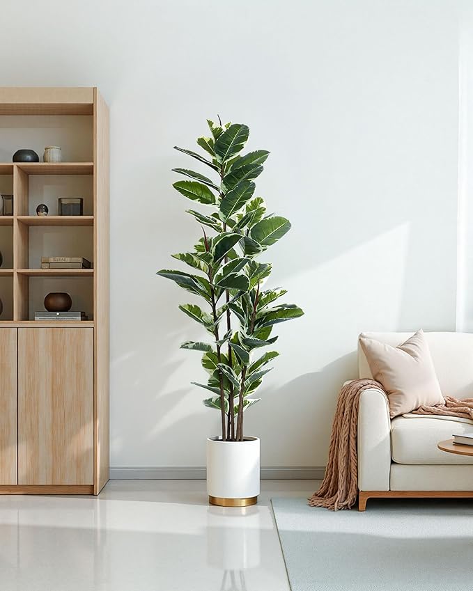 Artificial Rubber Tree Plant 6ft Tall Faux Ficus Tree Potted Fake Tropical Plants Decorative House Plants Large Floor Artificial Trees for Home Office Decor, Without The Pot