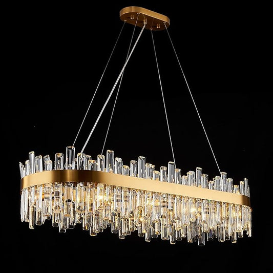 Rectangle Crystal Chandeliers, L43.4 inch 20-Light Brass Gold Chandelier Lighting Fixture, Height Adjustable Oval Pendant Ceiling Light for Dining Room Over Table Kitchen Island