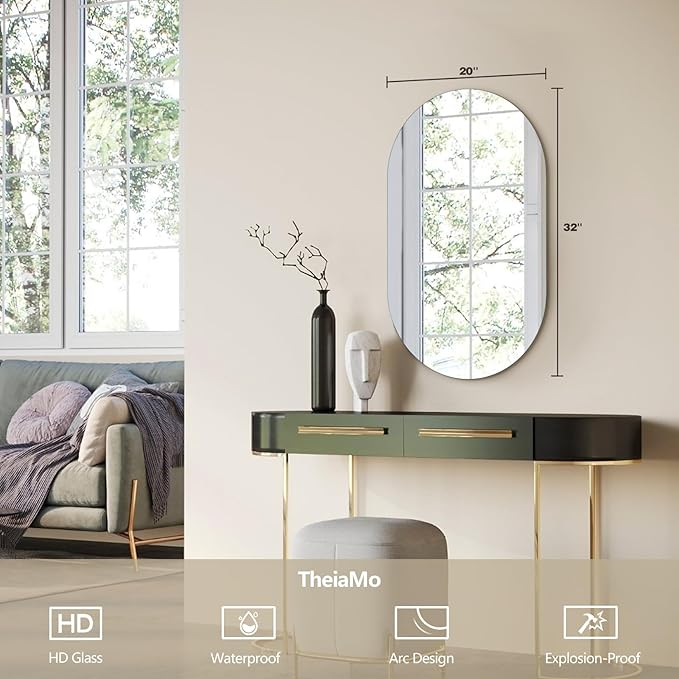 32" x 20" Frameless Mirror Wall Mirror, Modern Oval Bathroom Mirror with Polished Edge, Hang Horizontally or Vertically, for Bedroom Bathroom Livingroom Gym Entryway and More