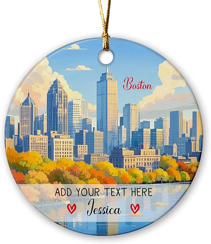 Personalized Massachusetts USA Travel Souvenir Ornament, Custom Text/Name Boston Skyline Ceramic Christmas Tree Ornament 2025, Boston Vacation Trip Xmas Keepsake Ornaments Gifts for Family Friends