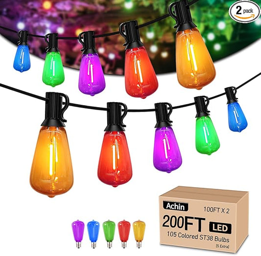 Achin Multicolor Outdoor String Lights 200FT(100ft*2), Colored Patio Lights Waterproof with 100+5 ST38 Vintage LED Bulbs Shatterproof, Rainbow String Lights for Outside Yard, Party, Christmas
