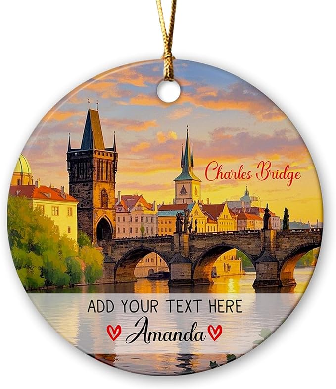 Personalized Charles Bridge Praha Ceramic Christmas Ornament 2025, Personalized Czech Republic Vacations Keepsake Ornament Gift for Traveller Friends, Custom Text/Name Praha Czech Trip Ornaments Xmas