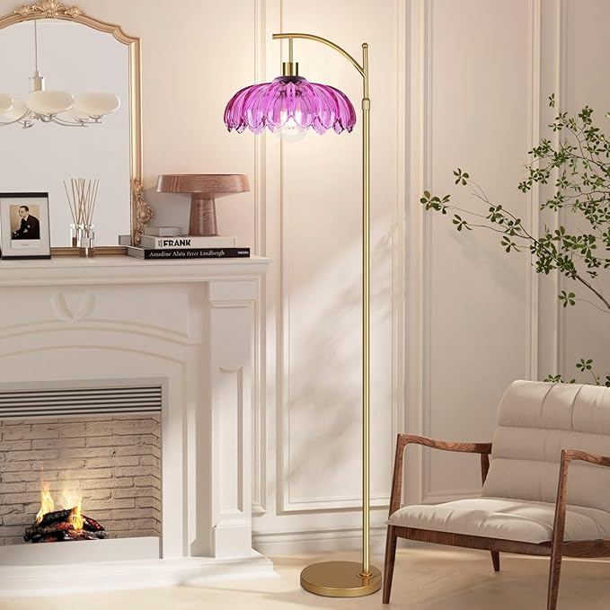 Floor Lamp for Living Room,Bedroom,Gold Dimmable Standing Lamp with Remote,Mid Century Modern Brass Tall Lamp Retro Vintage Purple Glass Lamp Floor Light Boho Bohemian
