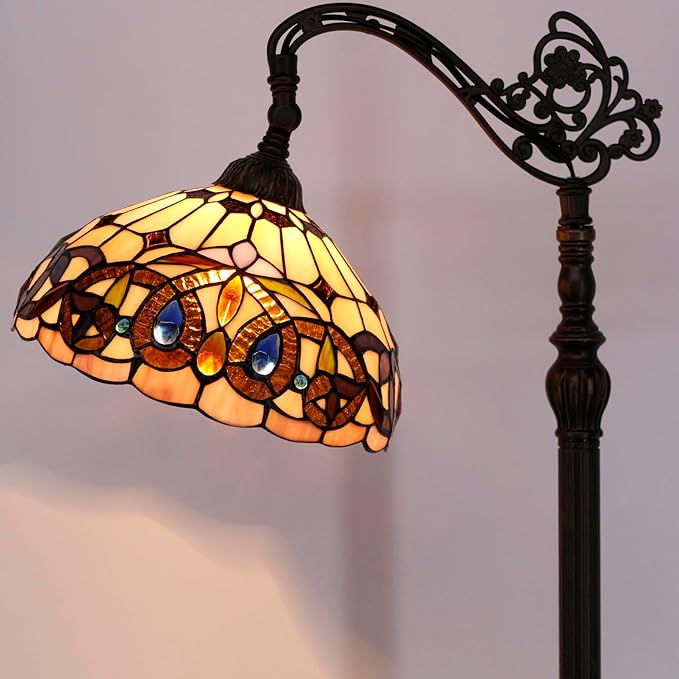 WERFACTORY Tiffany Floor Lamp Stained Glass Serenity Victorian Arched Lamp 12X18X64 Inches Gooseneck Adjustable Corner Standing Reading Light Decor Bedroom Living Room S021 Series