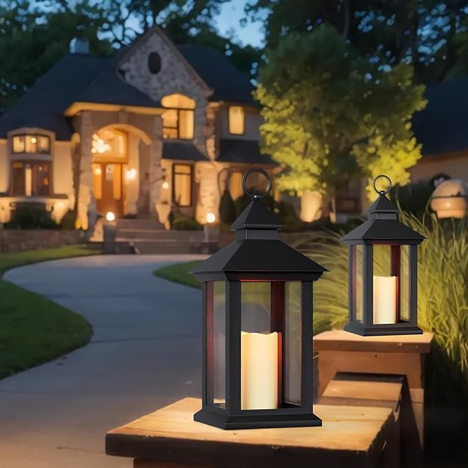 Lanterns Decorative Indoor, 14" Battery-Powered Waterproof Black LED Candle Lanterns with Timer for Patio & Outdoor, Vintage Hanging Lantern for Home & Wedding, Transparent