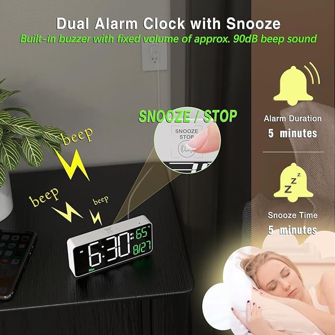KOSUMOSU Digital Alarm Clock,6.7in Small Digital Clock for Bedroom,Auto Dimming,Date,Week,Seconds or Indoor Temperature,LED Desk Clocks for Living Room, Alarm Clocks for Bedrooms