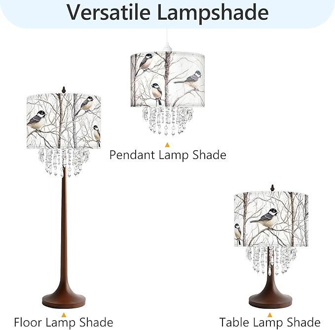 Star Vision Bird & Tree Drum Fabric Lampshade with Acrylic Beaded Droplets, Natural Botanical Light Shade for Pendant Table Wall & Floor Lamps, Garden-Themed Bedroom Living Room Entryway Décor