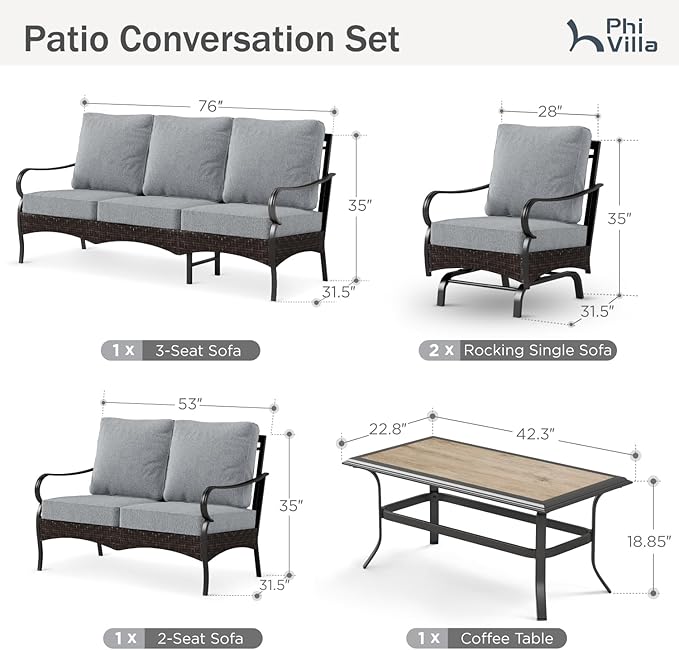 PHI VILLA Outdoor Modern Patio Furniture Set, Upgraded Wicker&Metal Patio Furniture Conversation Set with Waterproof Thick Cushions for Porch, Poolside, Deck, and Yard (5 Pieces,Grey)