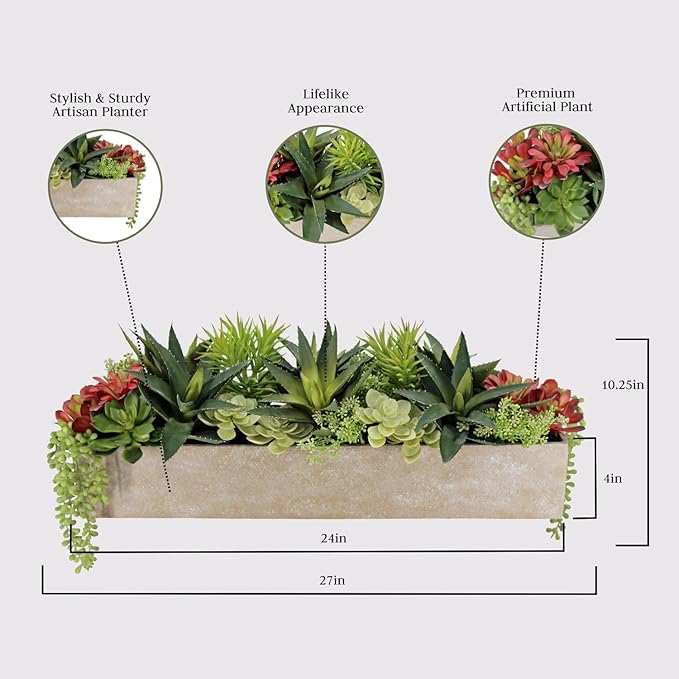 Oblong Faux Succulent Arrangement, 27" Premium Artificial Indoor Plant Enhances Interior Design, Display on Any Surface in Your Home Adding an Inviting Touch of Nature, Natural Planter Pot Included