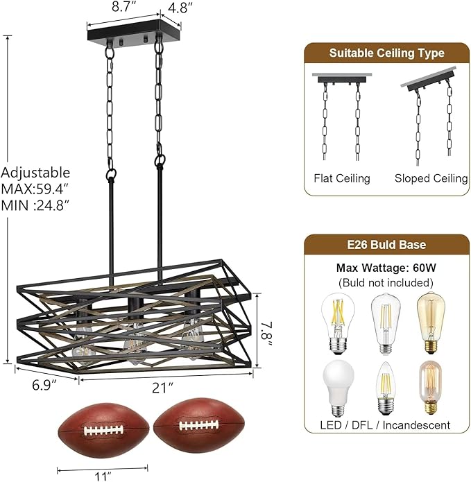 21''Farmhouse Dining Room Light Fixture,3-Light Kitchen Island Lighting,Industrial Chandelier for Dining Room Over Table Kitchen Bar,Linear Chandelier with Retro Wood Texture Interior