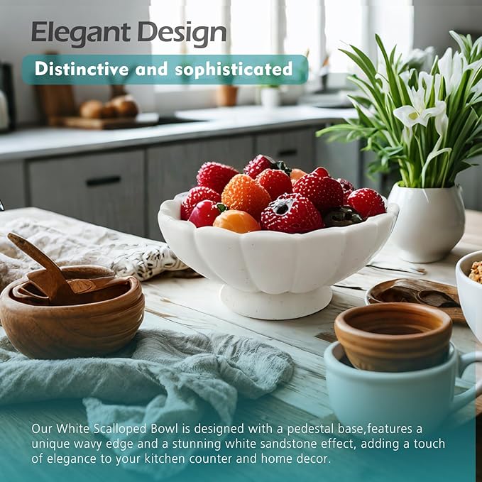 Accessoryway 8" White Fluted Scalloped Decorative Bowls -Moderate Ceramic Fruit Bowl for Kitchen Counter, Elegant Wavy Edge Centerpiece Bowls for Home Decor, Perfect for Housewarming &Wedding Gift