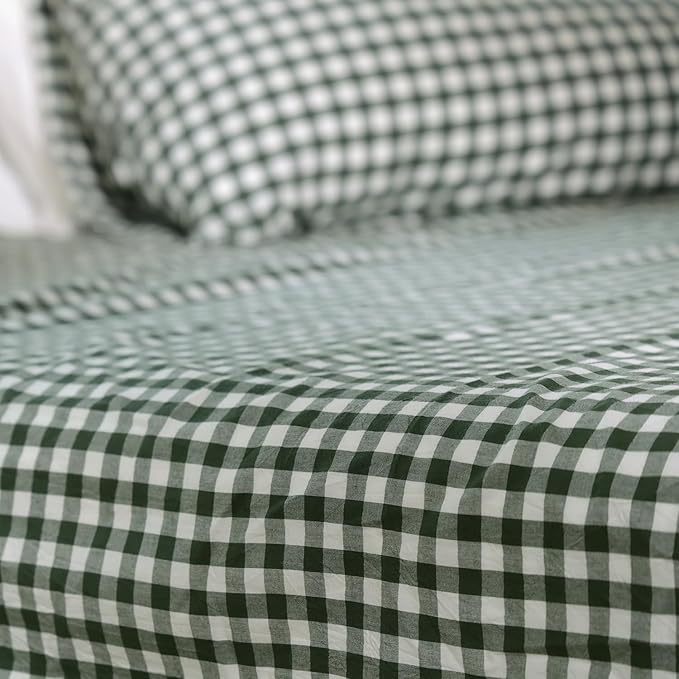 MooMee Gingham Duvet Cover Set 100% Washed Cotton Linen Like Textured Breathable Durable Soft Comfy Modern Checkered Design (Forest Green Gingham, King 104"x90")