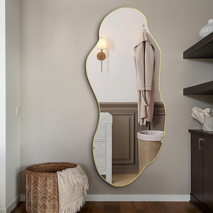 Large Irregular Mirror, 63"x27.2" Asymmetrical Wall Mirrors, Wavy Shaped Mirror Full Length, Modern Unique Mirrors for Living Room Bathroom Bedroom Hallway Entryway Fireplace