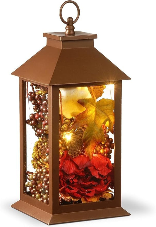 National Tree Company Harvest Lantern with LED Lights, Filled with Pumpkins, Leaves, Flowers, Berry Clusters, 12 inches