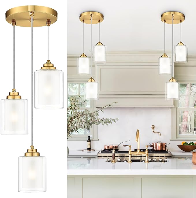 TENGXIN 3 Light Pendant Light,Brushed Gold Modern Pendant Light for Kitchen Island,Dual Glass Shade,Farmhouse Pendant Lighting for Dining Room,TXPLBG04