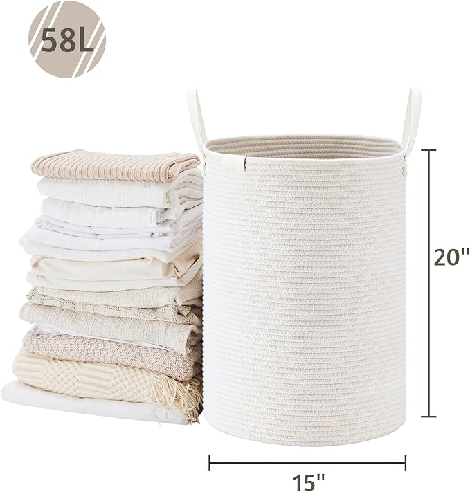 VIPOSCO Tall Laundry Basket, Large Dirty Clothes Hamper with Leather Handle, Woven Rope Storage Basket for Blanket, Toy In Living Room, Bathroom, Bedroom - 58L White