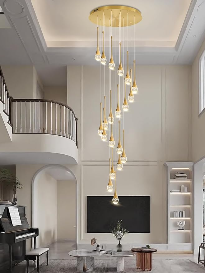 138'' High Ceiling Chandelier for Entryway Gold Raindrop Crystal Chandeliers for Living Room Foyer Staircase Flush Mount Sloping Ceiling Pendant Light Fixture LED Dimming 2700k-6000k