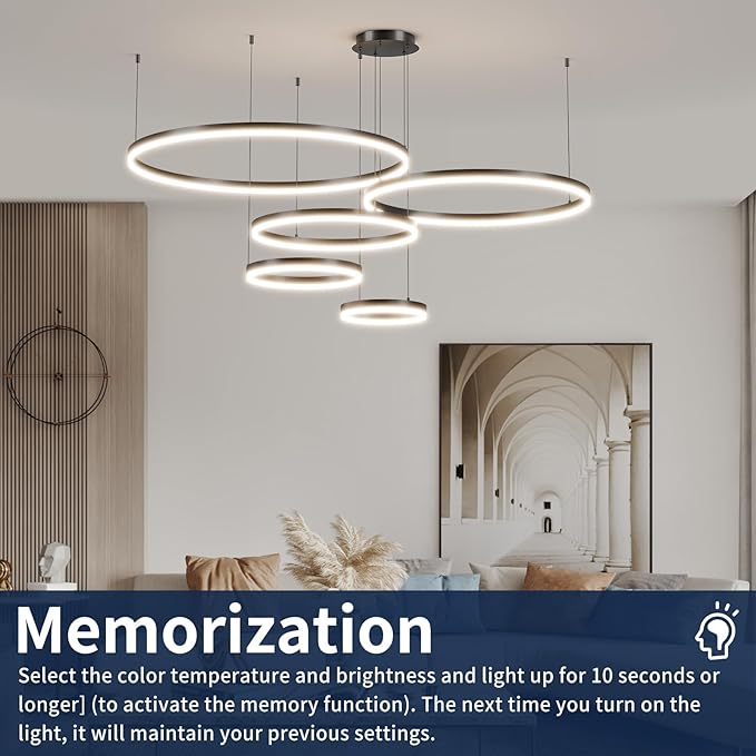 LED Pendant Light for Kitchen Island, 5-Ring Black Modern Chandelier, Dimmable 3000K-6500K, Adjustable Height, Remote Control, Hanging Ceiling Lighting Fixture for Dining Room, Living Room Lamp