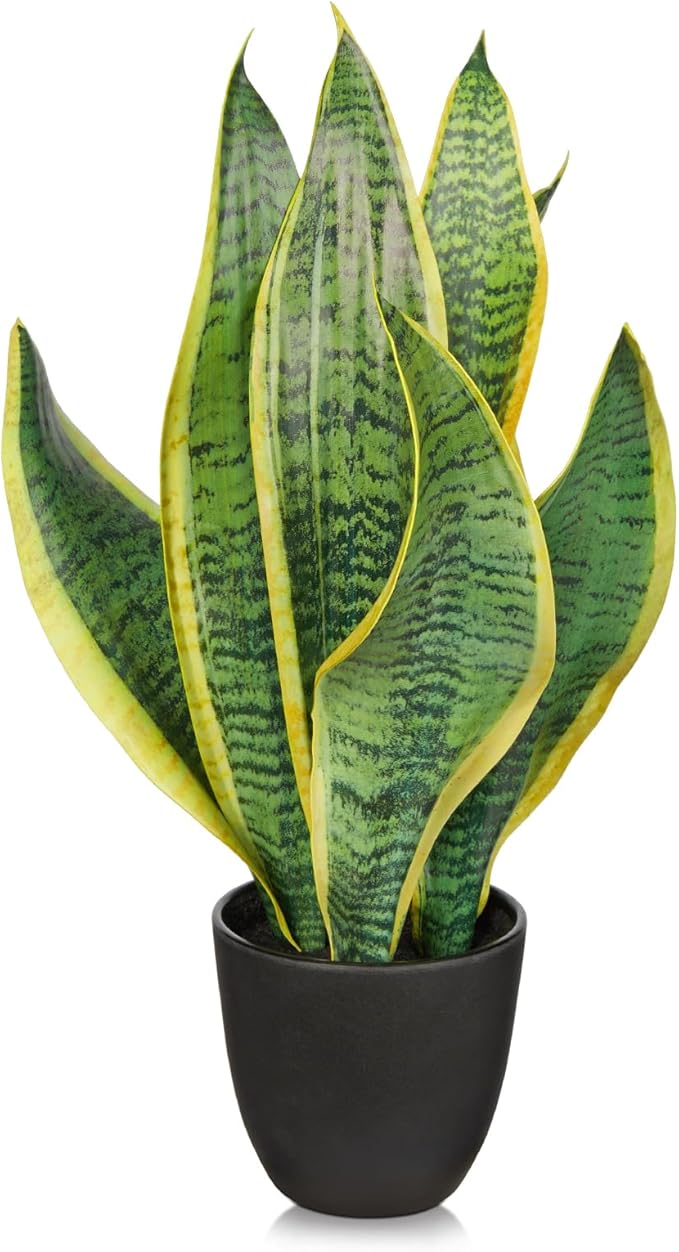 Briful Fake Plant 16 Inch Fake Snake Plant Artificial Plants Indoor Sansevieria Faux Plants with Black Pot Artificial Snake Plant for Living Room Bathroom Office Table Centerpieces Shelf Home Decor