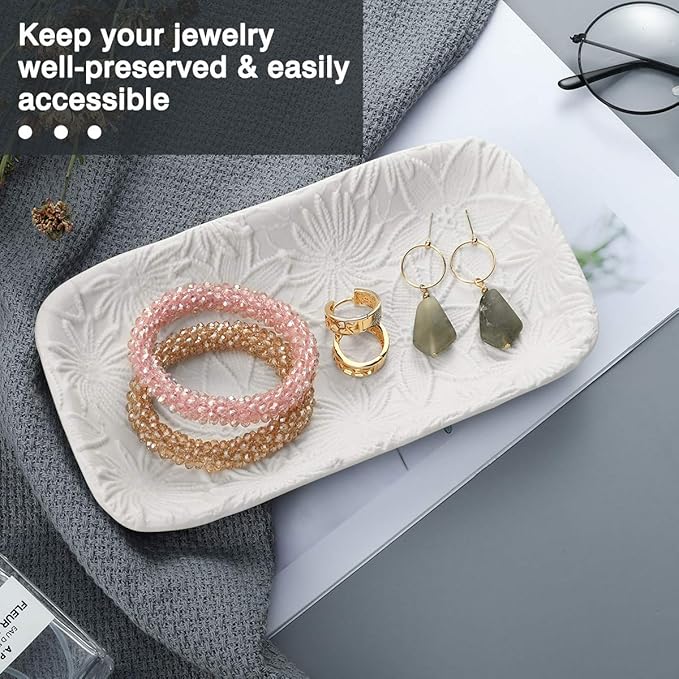 Ceramic Jewelry Tray, Bathroom Kitchen Vanity Decorative Trinket Tray Ring Dish for Earrings Rings Watch Keys, Ceramic Dessert Plate, White