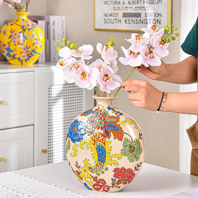 Sungmor High-Class Enamel Painted Porcelain Vase, Traditional Hand-Carved Overglaze Color Ceramic Vase for Fresh Flowers Dried Plants Arrangement, Decorative Vase for Centerpieces, Shelf, Living Room