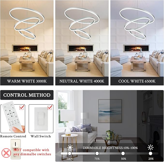 3-Rings Modern LED Chandelier Silver, Dimmable Pendant Lighting with Remote Control Circular Flush Mount High Ceiling Light for Living Room Dining Room Foyer, 3000K-6500K D31.5’’