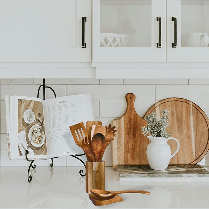 NAZANIN 9-Piece Natural Acacia Wood Kitchen Utensil Set with Holder & Spoon Rest, Wooden Spoon Set for Nonstick Pans & Cookware, Durable, Lightweight, Heat Resistant, & Non-Scratch Cooking Spoons