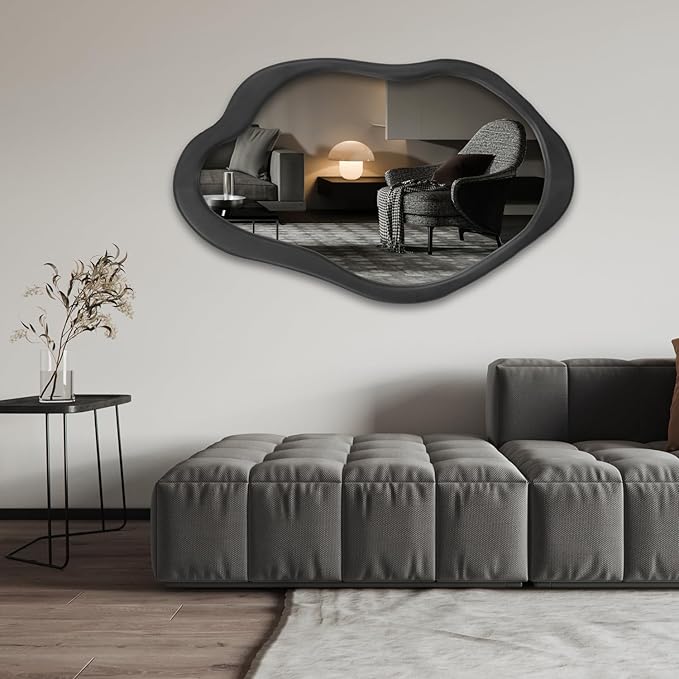 Wavy Mirror with Wood Frame, Modern Decorative Asymmetrical Mirror for Bedroom, Living Room, Entryway (Black, 41'' 28'')