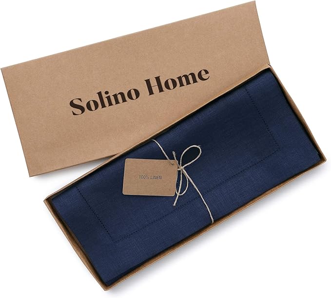 Solino Home Linen Navy Blue Table Runner 132 Inches Long - 100% Pure Linen Extra Long Table Runner 14 x 132 Inch for Fall, Autumn, Thanksgiving, Christmas - Classic Hemstitch